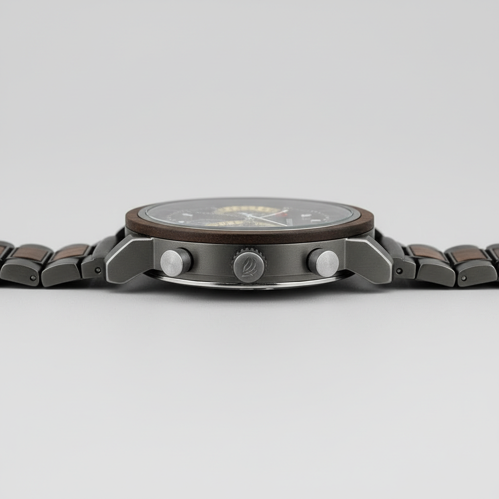 Watch with a brown strap and silver case on a light gray background