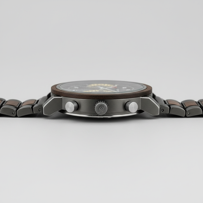 Watch with a brown strap and silver case on a light gray background
