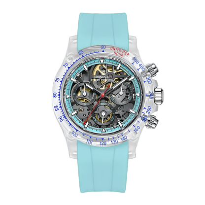 CRONUSART CM021-001 - Men's Automatic Mechanical Watch with a light blue strap and transparent case on a white background