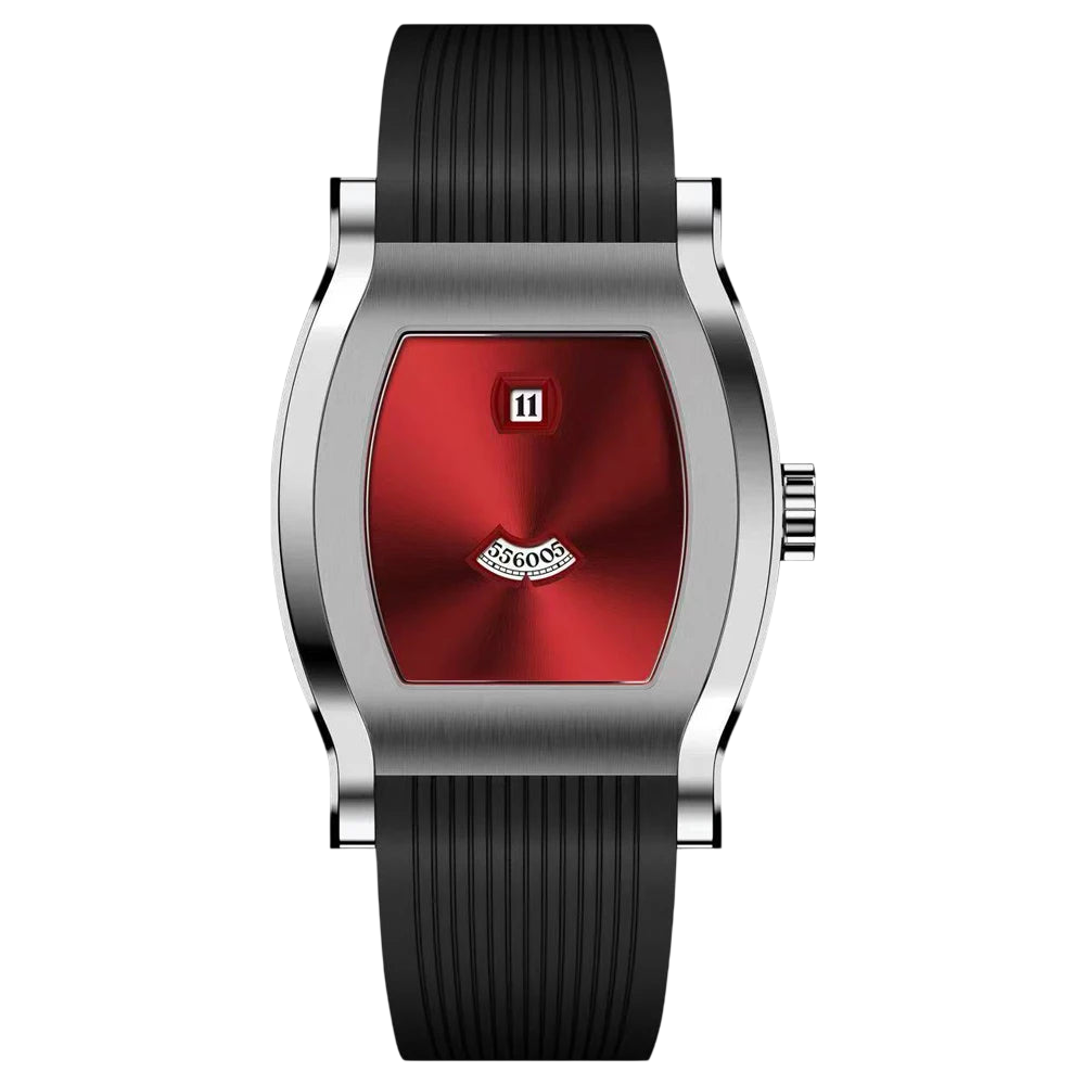 Watch with a red face and black strap on a white background