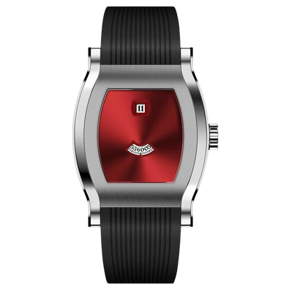 Watch with a red face and black strap on a white background