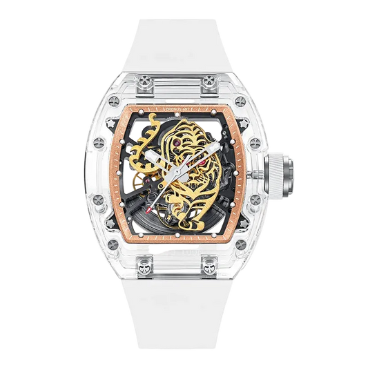 Watch with a transparent case and white strap featuring a gold tiger design.