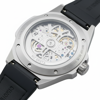 Watch with black strap and silver case on a white background