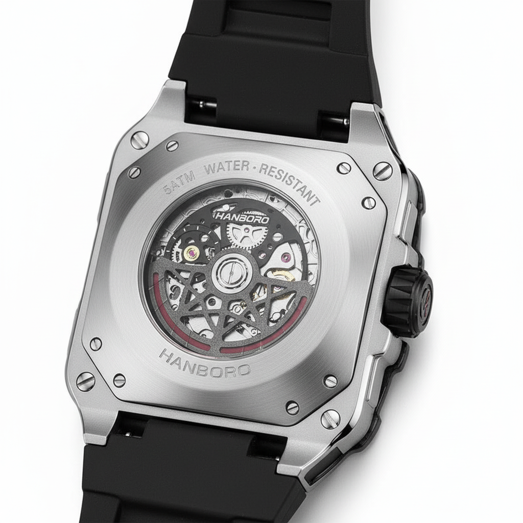 Watch with black strap and visible brand logo on a white background