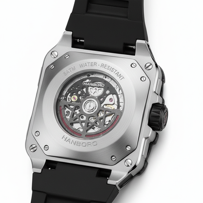 Watch with black strap and visible brand logo on a white background