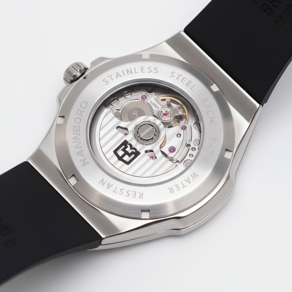 Watch with black strap and visible mechanical movement on a white background