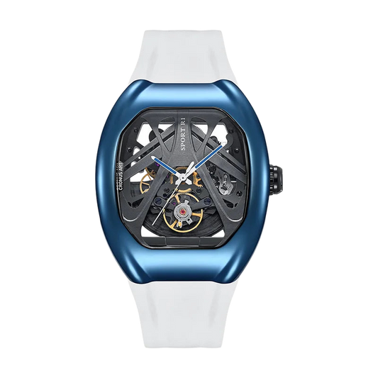 Watch with blue case and white strap on a white background