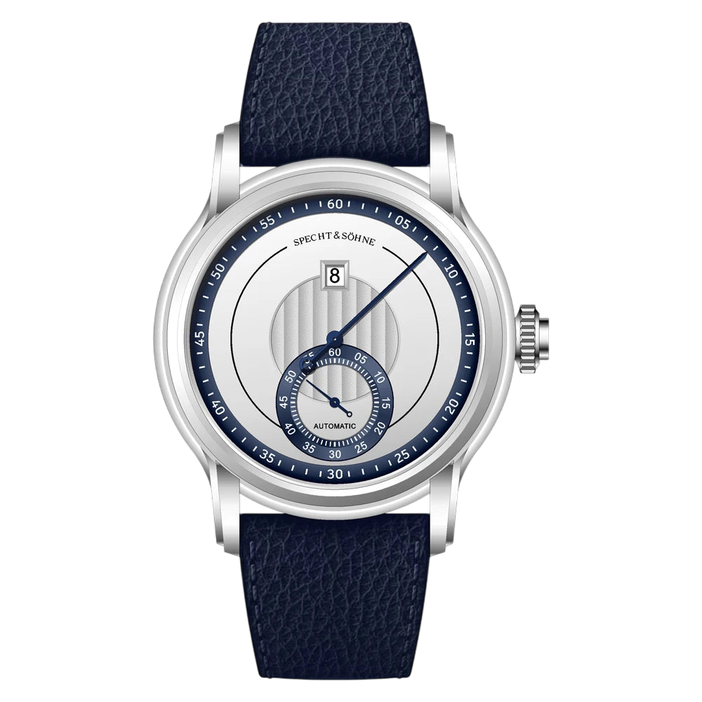 Watch with blue strap and silver case on a white background