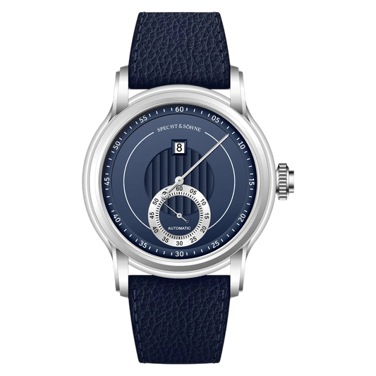 Watch with blue strap and navy dial on a white background