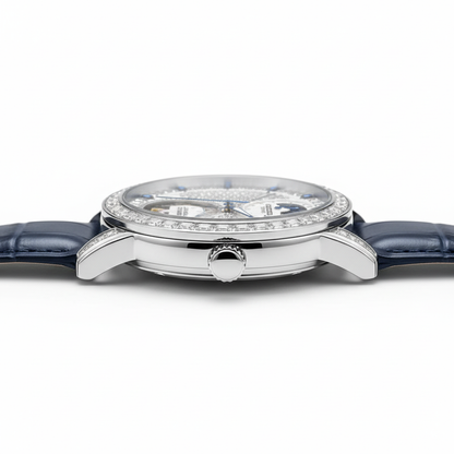 Watch with blue strap and silver case on a white background