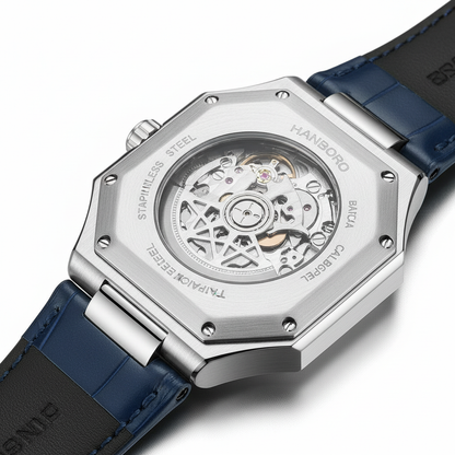Watch with blue strap and silver case on a white background