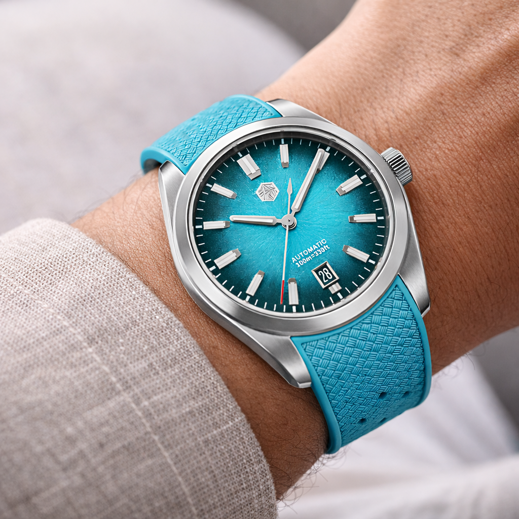 Watch with blue strap and turquoise dial on a wrist, blurred background