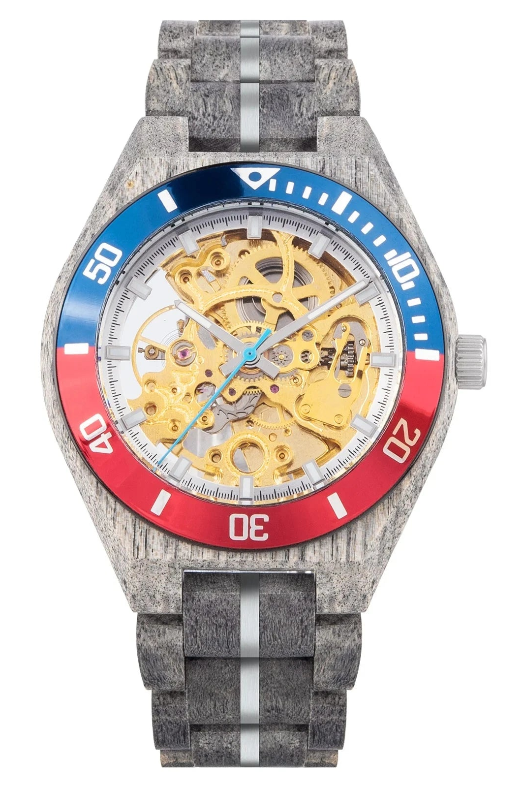 Watch with gray strap and red and blue accents on a white background, featuring BOBO BIRD branding.