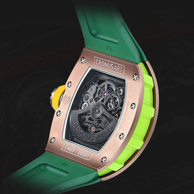 Watch with green fluororubber strap on a black background