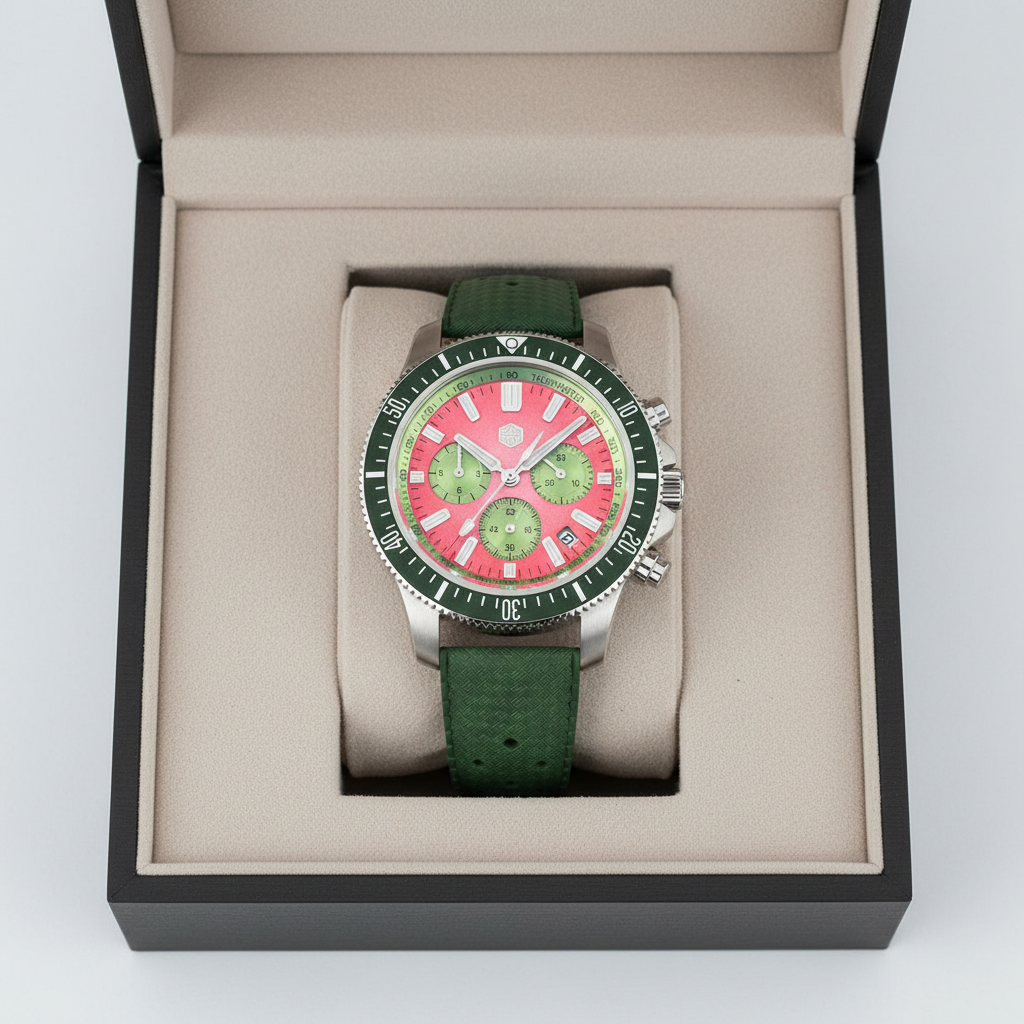Watch with green strap and pink face in an open box on a white background