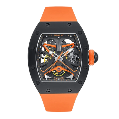 Watch with orange strap and black case on a white background