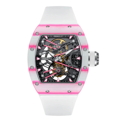 Watch with pink and white design on a white background