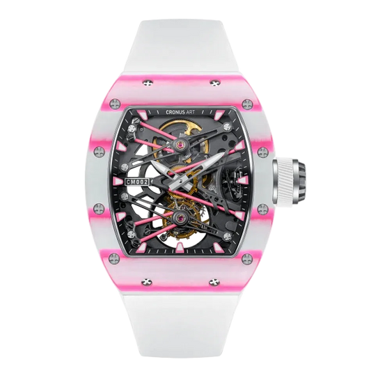 Watch with pink and white design on a white background