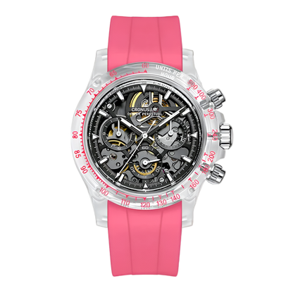 CRONUSART CM021-001 - Men's Automatic Mechanical Watch with pink strap and transparent case on white background