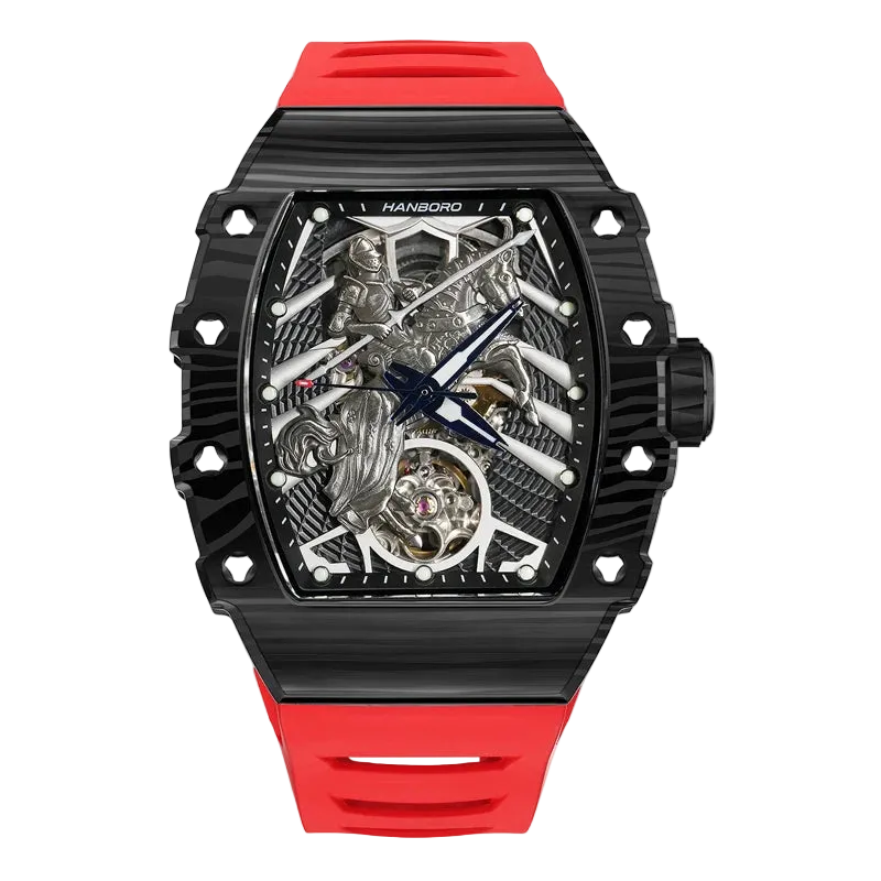 Watch with red strap and black case on a white background