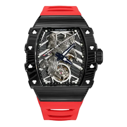 Watch with red strap and black case on a white background