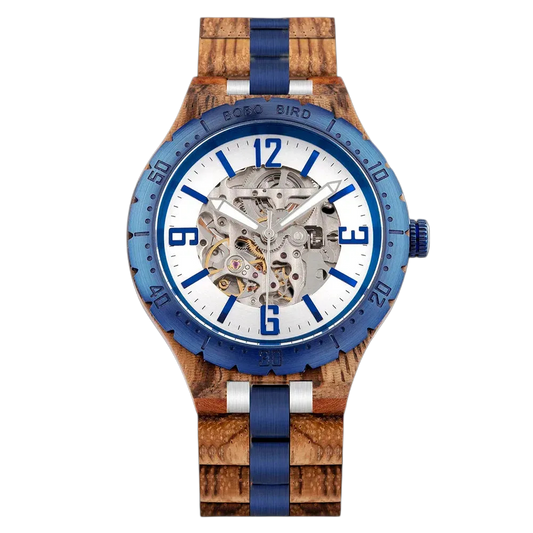 BOBO BIRD GQ029-3 - Men's - blue wood skeleton dial