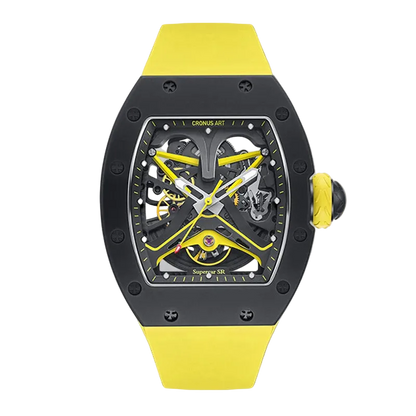 Watch with yellow strap and black case on a white background