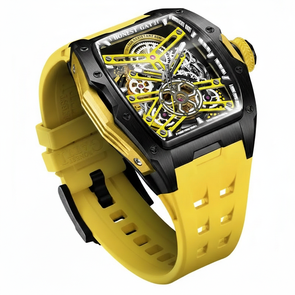 BONEST GATTI BG5502 skeleton mechanical men’s watch in yellow edition, angled front view highlighting openworked dial and case