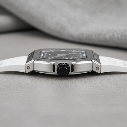 Side profile of BONEST GATTI BG8010 skeleton automatic watch highlighting brushed steel case and crown detail