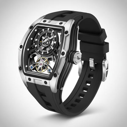 BREITVACHER 91986 - Autom - angled view, rubber strap, exposed movement, watch side