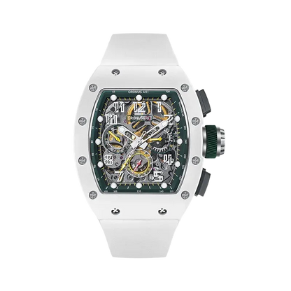 White watch with a detailed face on a white background