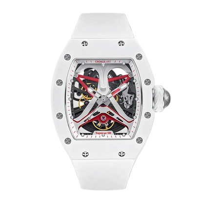 White wristwatch with a transparent face on a white background