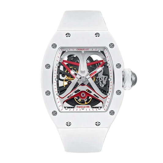 White wristwatch with a transparent face on a white background