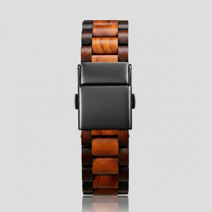 Wooden watch strap with black clasp on a light gray background