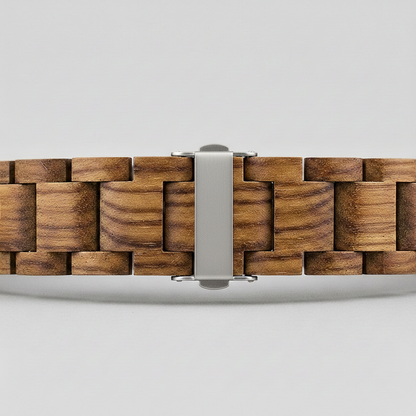 Wooden watch strap with metal buckle on a light gray background