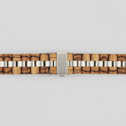 Wooden watch strap with silver buckle on a light gray background