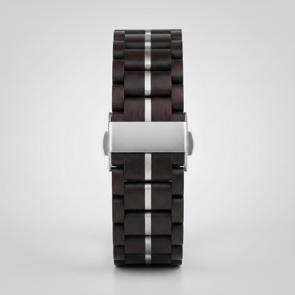 Wooden watch strap with silver clasp on a light gray background