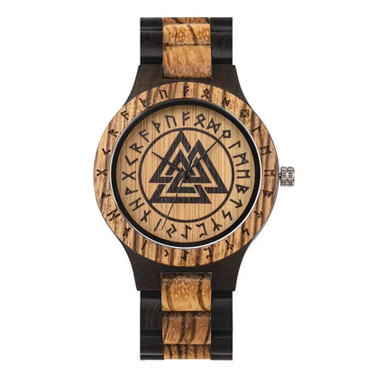 Wooden watch withRunes and triangle design on a white background