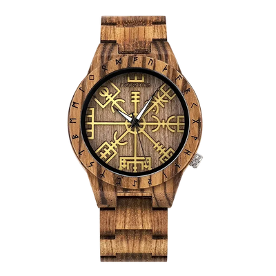 Wooden watch with a decorative face on a white background