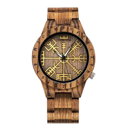 Wooden watch with a decorative face on a white background