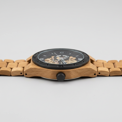 Wooden watch with a detailed face on a light gray background