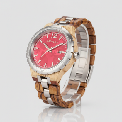 Wooden watch with a red face and silver accents on a white background