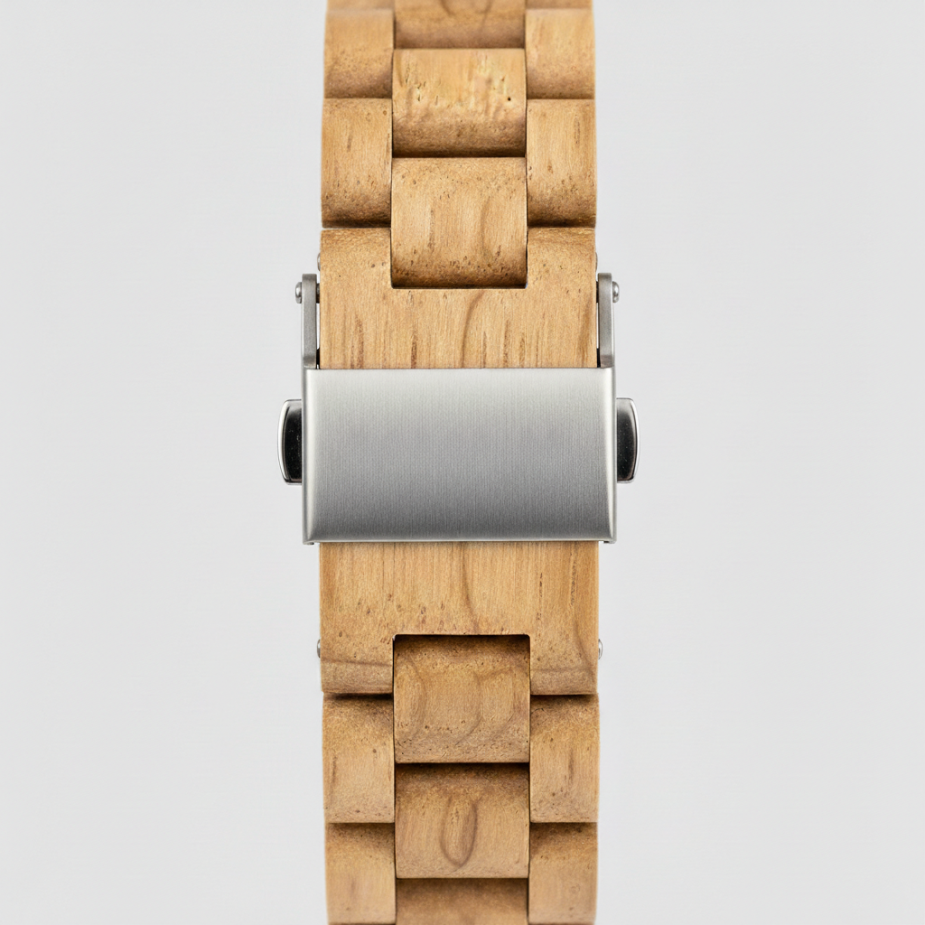 Wooden watch with a silver clasp on a light gray background