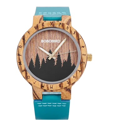 Wooden watch with a tree design and blue strap on a white background