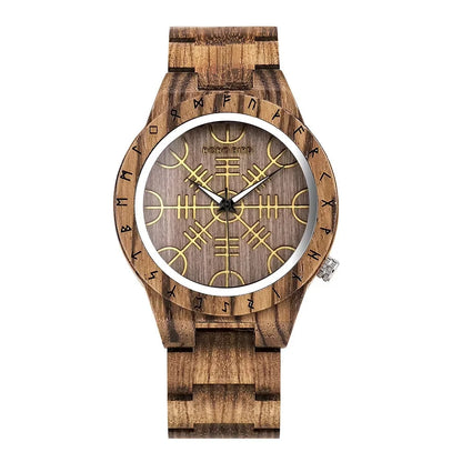 Wooden watch with a unique design on the face against a white background