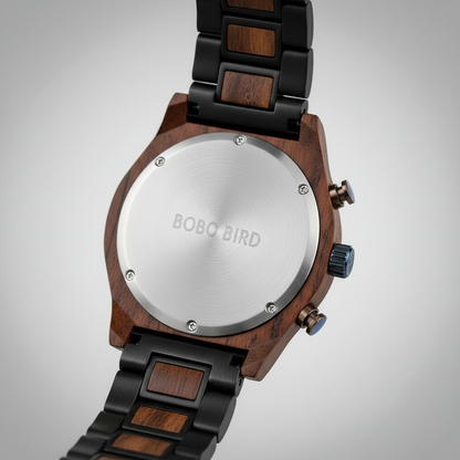 Wooden watch with black and brown strap on a gray background, featuring the brand 'Bobo Bird'.