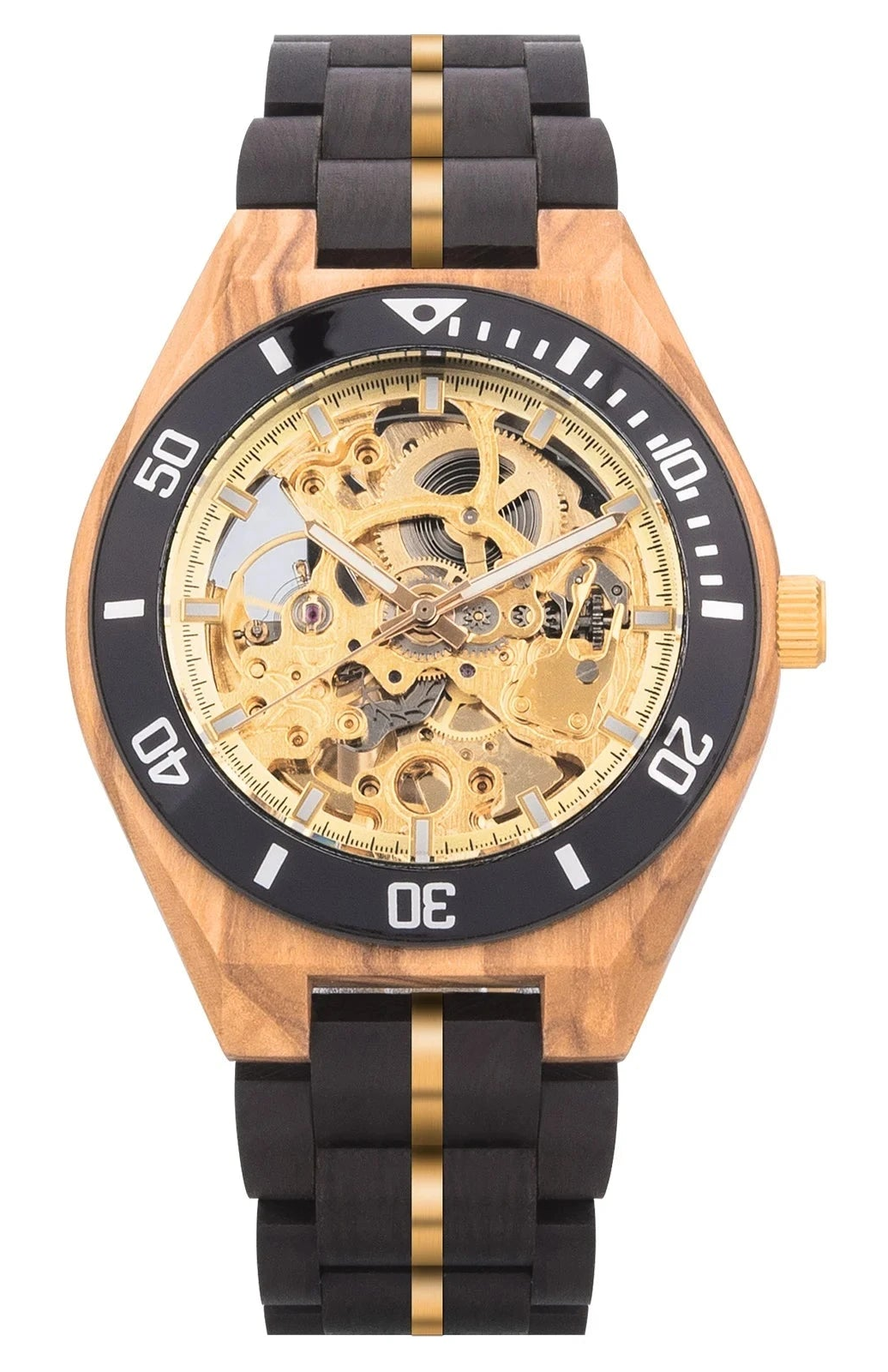Wooden watch with black and gold details on a white background, featuring the Bobo Bird brand.