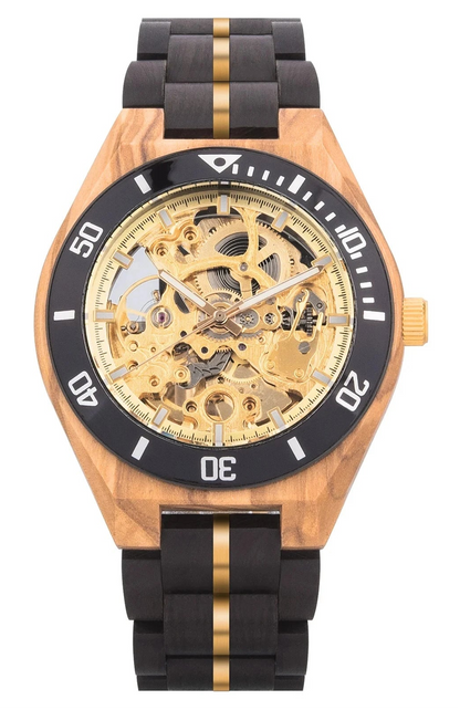 Wooden watch with black and gold details on a white background, featuring the Bobo Bird brand.