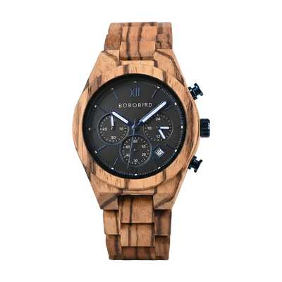 Wooden watch with black dial on a gray background