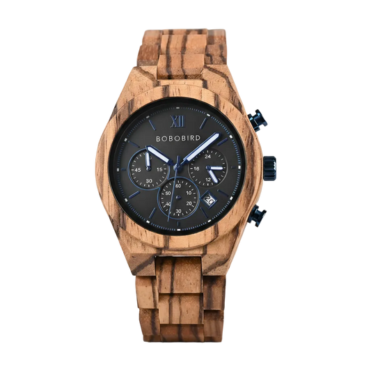 Wooden watch with black dial on a gray background